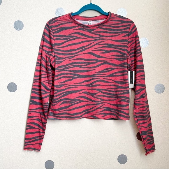 bp. Waffle-knit Thermal Zebra Striped Long Sleeve Red Tango Top w/ Ruffled Cuffs - Picture 1 of 5